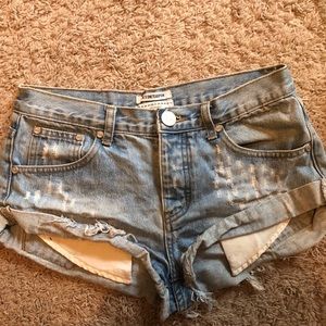One Teaspoon light blue distressed denim shorts